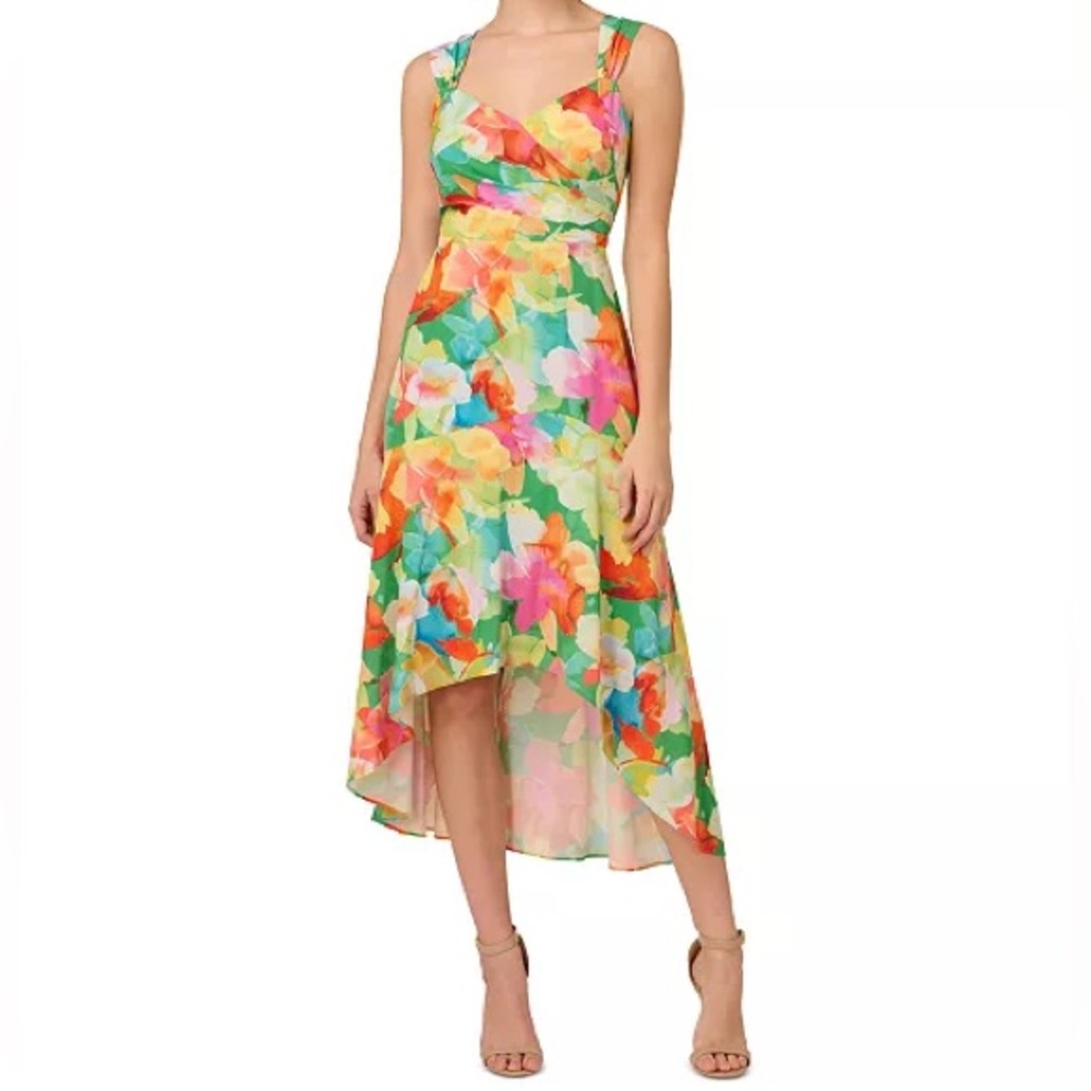 Adrianna Papell Green Orange High-Low Scoop Neck Sundress